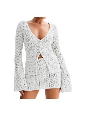 Women Crochet 2 Piece Set Swimwear Cover Up Flare Sleeve Beach Vacation Coquette